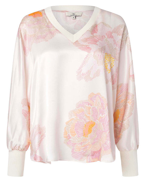 V Rib Blouse Dot Flower Cream