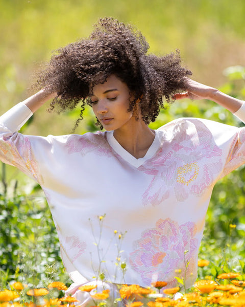 V Rib Blouse Dot Flower Cream