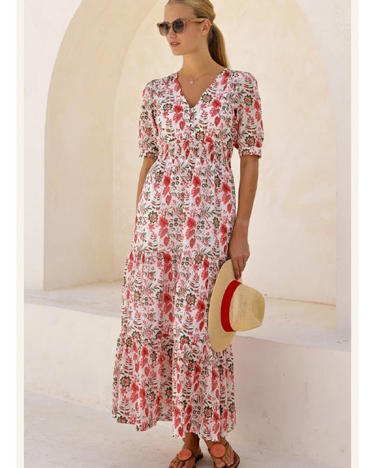 Billie Short Sleeve Cotton Dress Floral Ecru/Red