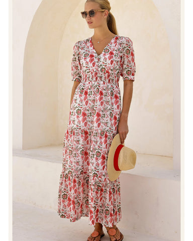 Billie Short Sleeve Cotton Dress Floral Ecru/Red - shopatstocks