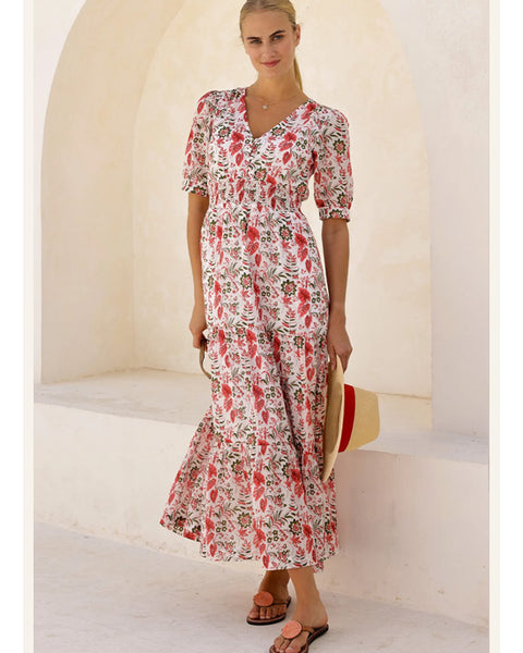 Billie Short Sleeve Cotton Dress Floral Ecru/Red - shopatstocks