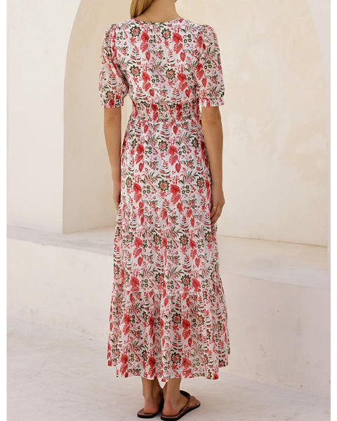 Billie Short Sleeve Cotton Dress Floral Ecru/Red - shopatstocks