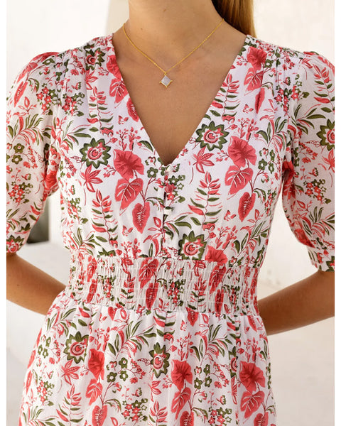 Billie Short Sleeve Cotton Dress Floral Ecru/Red - shopatstocks