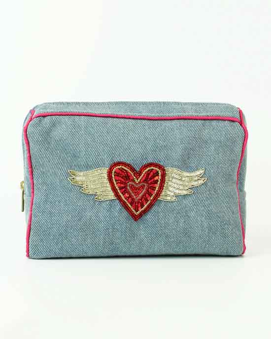 Flying Heart Denim Make Up Bag