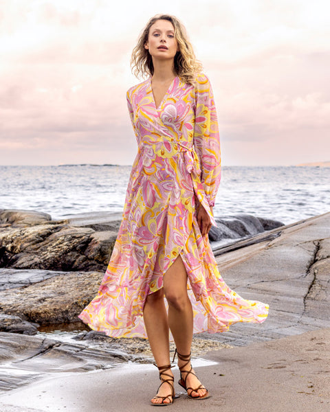 Long Frill Wrap Dress Sally Yellow