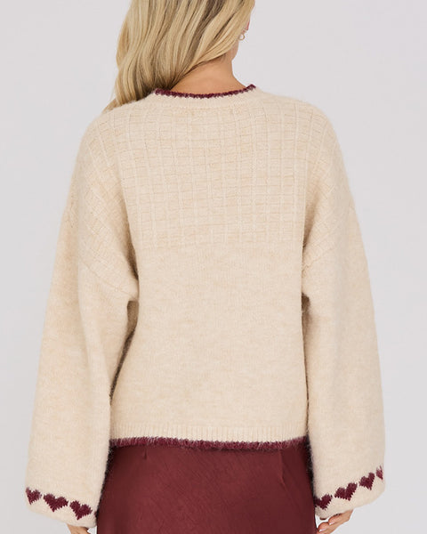 Heart knit pullover White/Burgundy