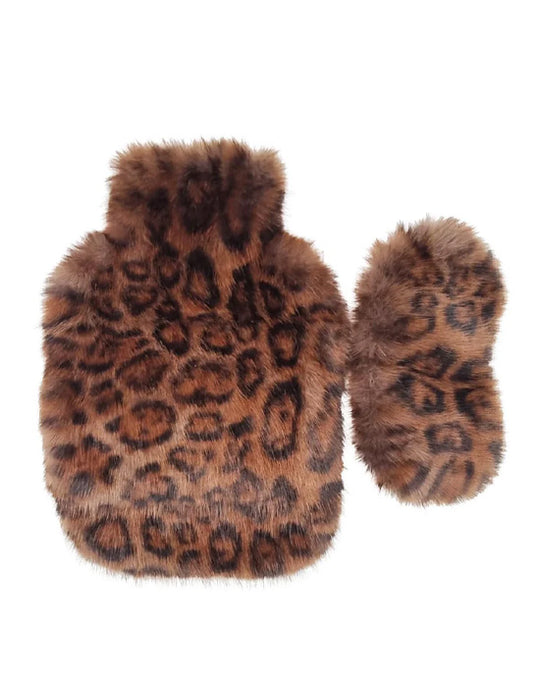 Faux Fur Hot Water Bottle and Eye Mask Set In Chocolate Leo