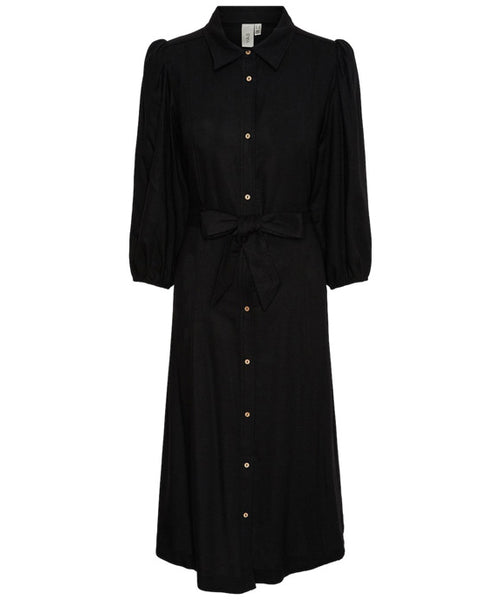 Yasflaxy 3/4 Linen Shirt Dress Black