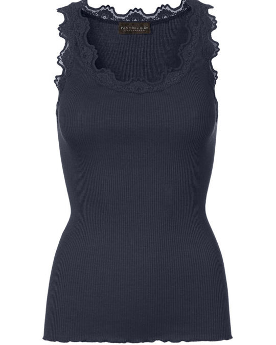 Classic silk top w Lace Navy