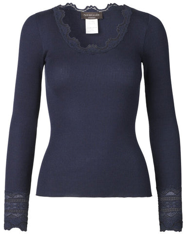 Silk Top Long Sleeve Navy