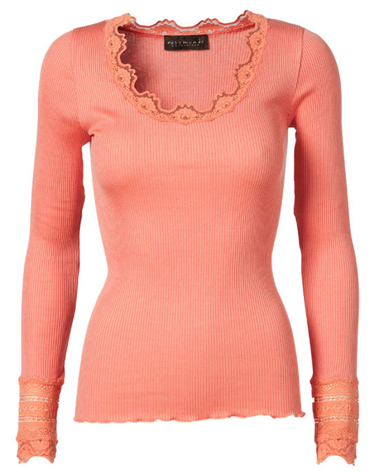 Silk top long sleeve w lace Dark Peach