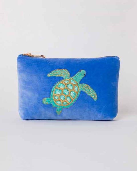 Swimming Turtle Caribbean Blue Velvet Mini Pouch