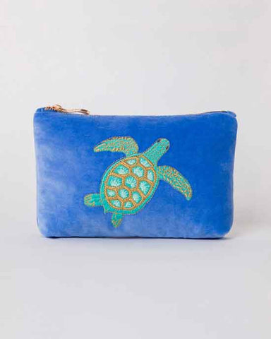 Swimming Turtle Marine Blue Velvet Mini Pouch