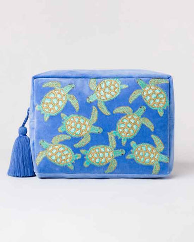 Swimming Turtle Marine Blue Velvet Wash Bag