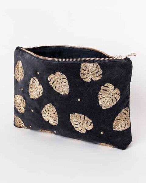 Gold Jungle Leaf Charcoal Velvet Everyday Pouch