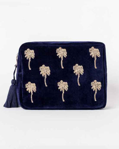 Gold Palm Navy Velvet Wash Bag