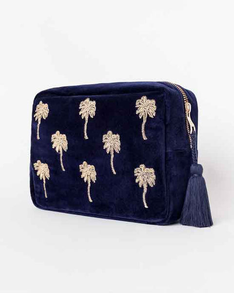 Gold Palm Navy Velvet Wash Bag
