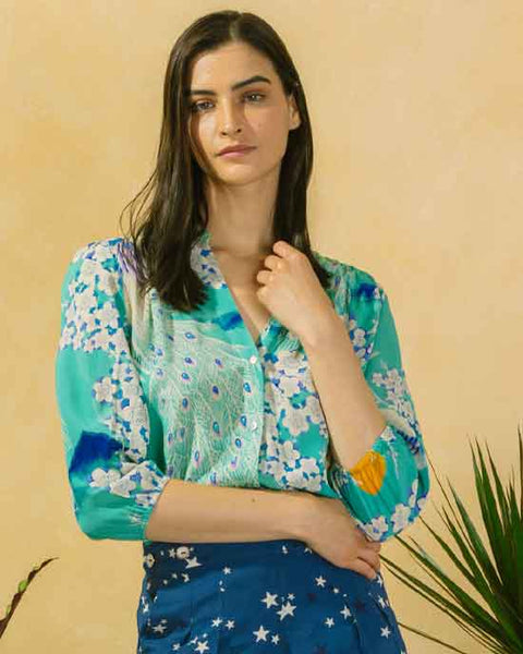Solace Blouse Mint Kimono Peacocks