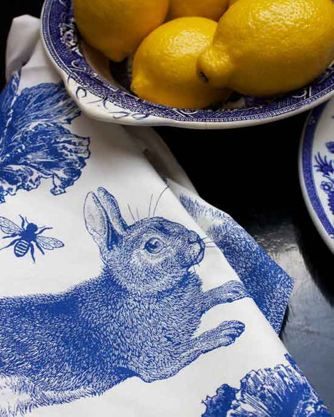 Tea Towel Blue Rabbit & Cabbage